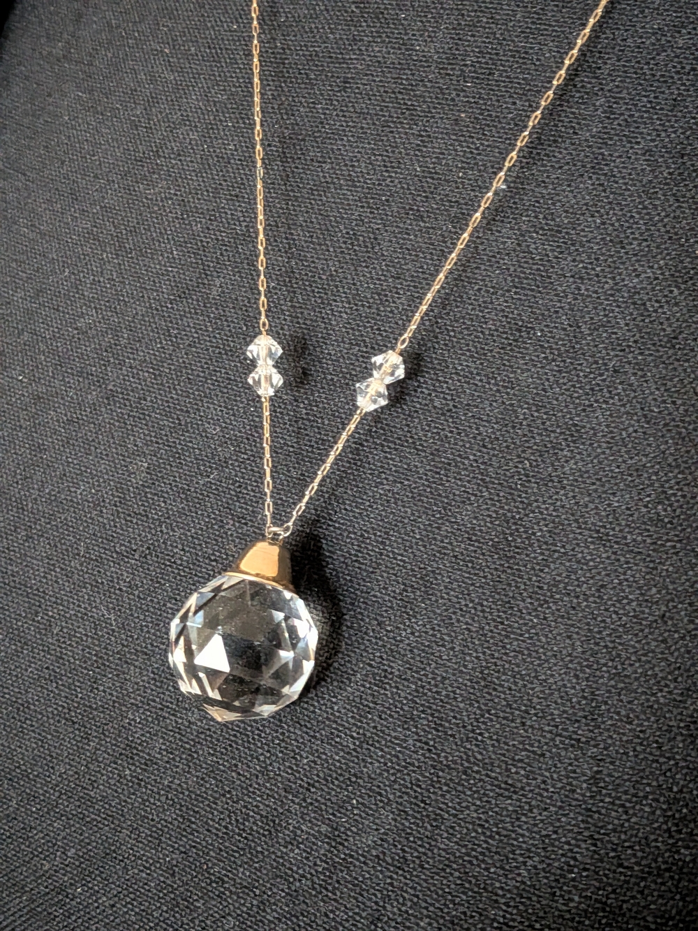 Vintage Faceted Crystal Ball Pendant Necklace Gold Dainty Chain Clear Orb Drop